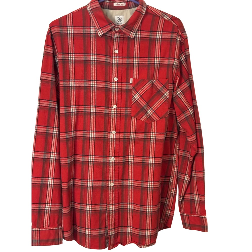 Aigle Mens‎ Flannel Shirt Red Plaid Long Sleeve Button Up 100% Cotton Large
